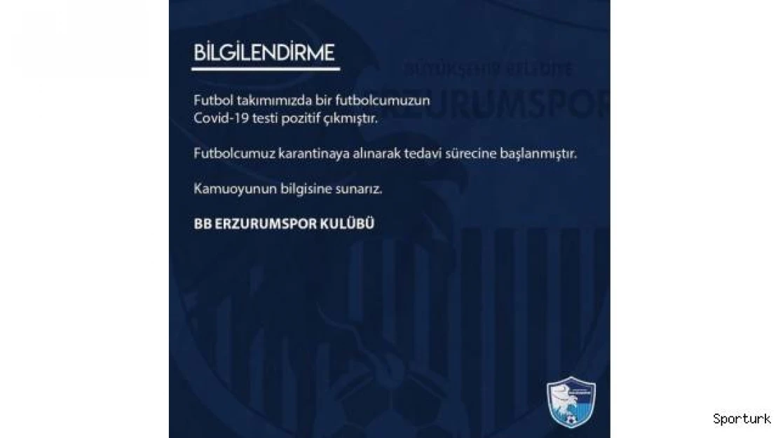 BB Erzurumspor'da bir futbolcunun daha koronavirüs testi pozitif çıktı