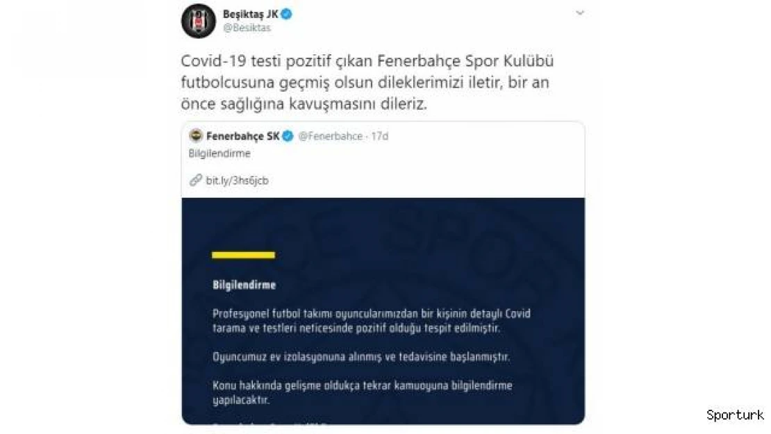 Beşiktaş'tan Fenerbahçe'ye geçmiş olsun mesajı