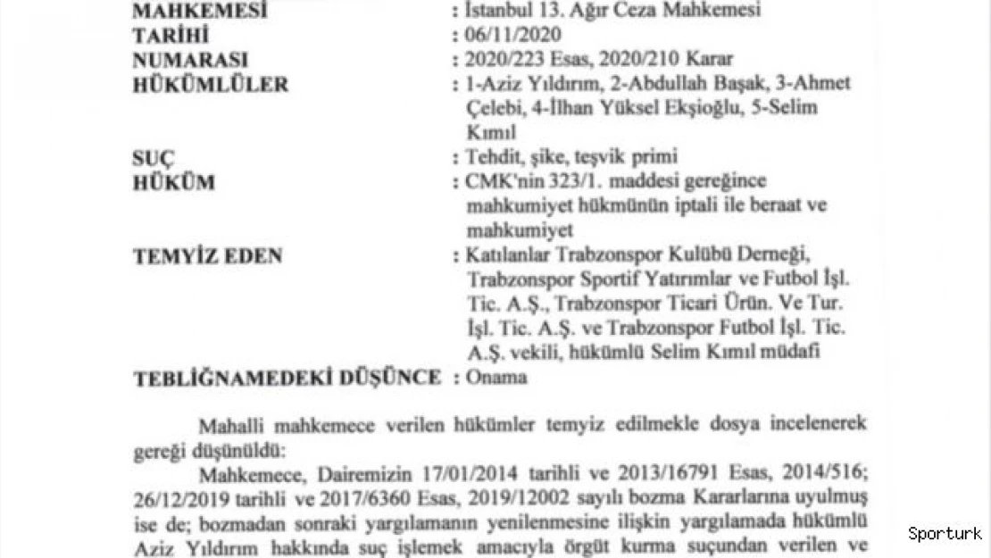 Aziz Yıldırım ve yöneticilerin beraat kararı onandı