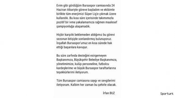 İrfan Buz'dan Bursaspor'a veda mesajı
