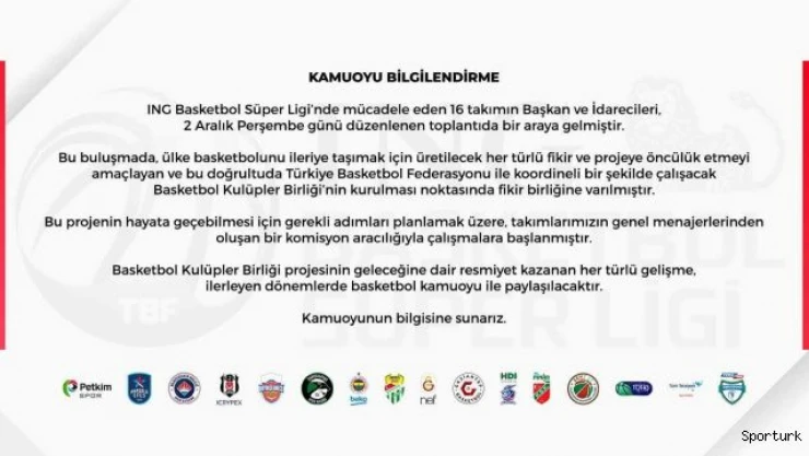 Frutti Extra Bursaspor: &quotBasketbol Kulüpler Birliği'nin kurulması noktasında fikir birliğine varılmıştır"